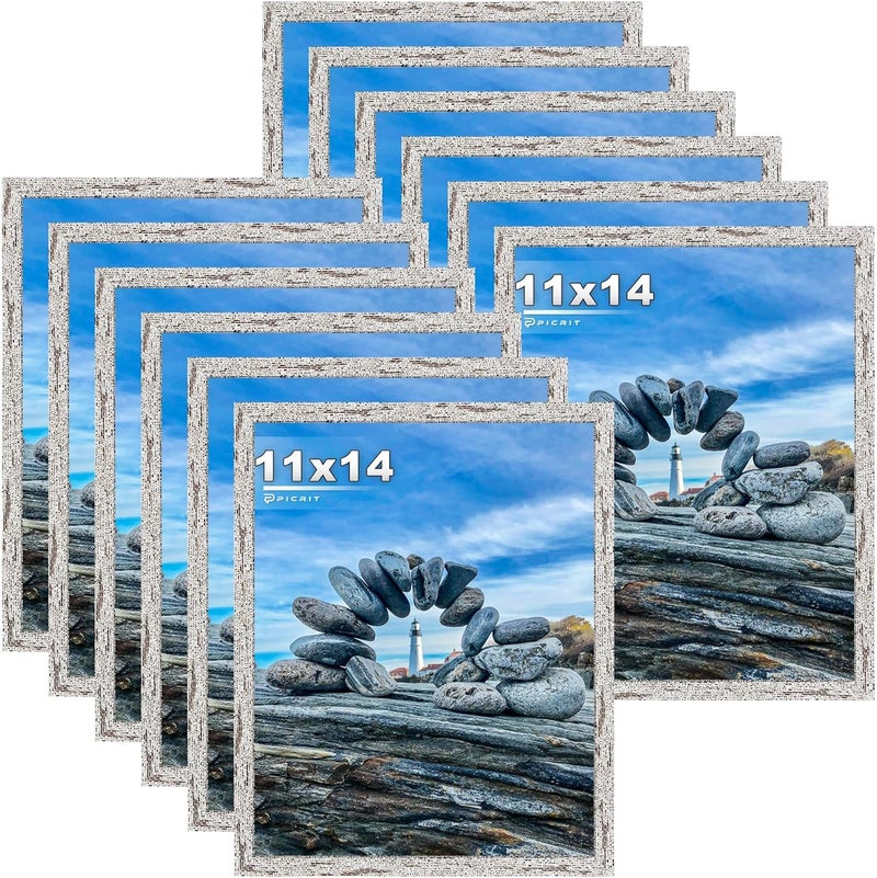Picrit 11x14 Farmhouse Picture Frame Set of 12, Display 8x10 with Mat or 11 x 14 without Mat, Rustic Photo Frames for Wall Mounting or Table Top Display, Country Gray - Image 1