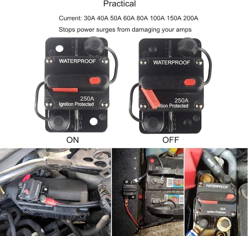OUHL 250 Amp Circuit Breaker Manual Reset 30-250A for Car Truck Rv ATV Marine Trolling Motors Boat Vehicles,12V-48V DC (250A) - Image 2