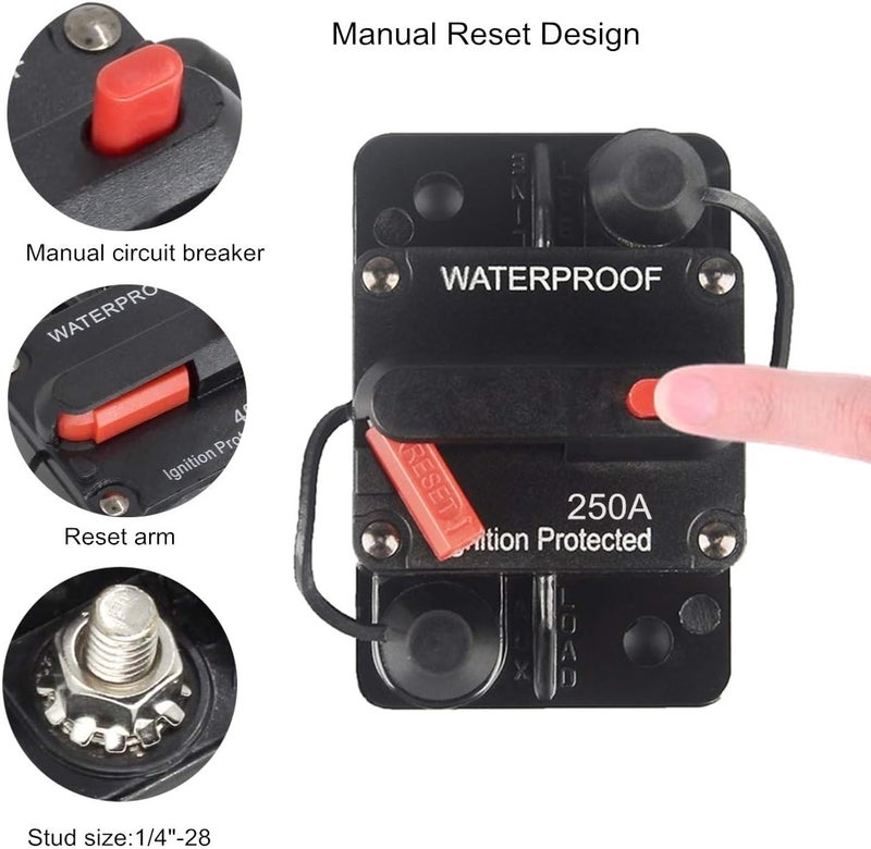 OUHL 250 Amp Circuit Breaker Manual Reset 30-250A for Car Truck Rv ATV Marine Trolling Motors Boat Vehicles,12V-48V DC (250A) - Image 4