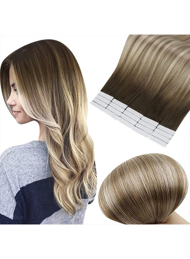 Full Shine Tape in Hair Extensions Human Hair 16 Inch Remy Hair Tape in Extensions 20 Pieces 50 Grams Tape in Real Hair Extensions Dark Roots Color 3 8 22 Brown and Blonde Highlights - Image 1
