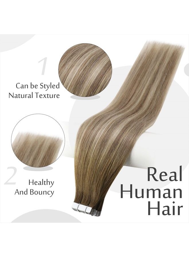 Full Shine Tape in Hair Extensions Human Hair 16 Inch Remy Hair Tape in Extensions 20 Pieces 50 Grams Tape in Real Hair Extensions Dark Roots Color 3 8 22 Brown and Blonde Highlights - Image 2