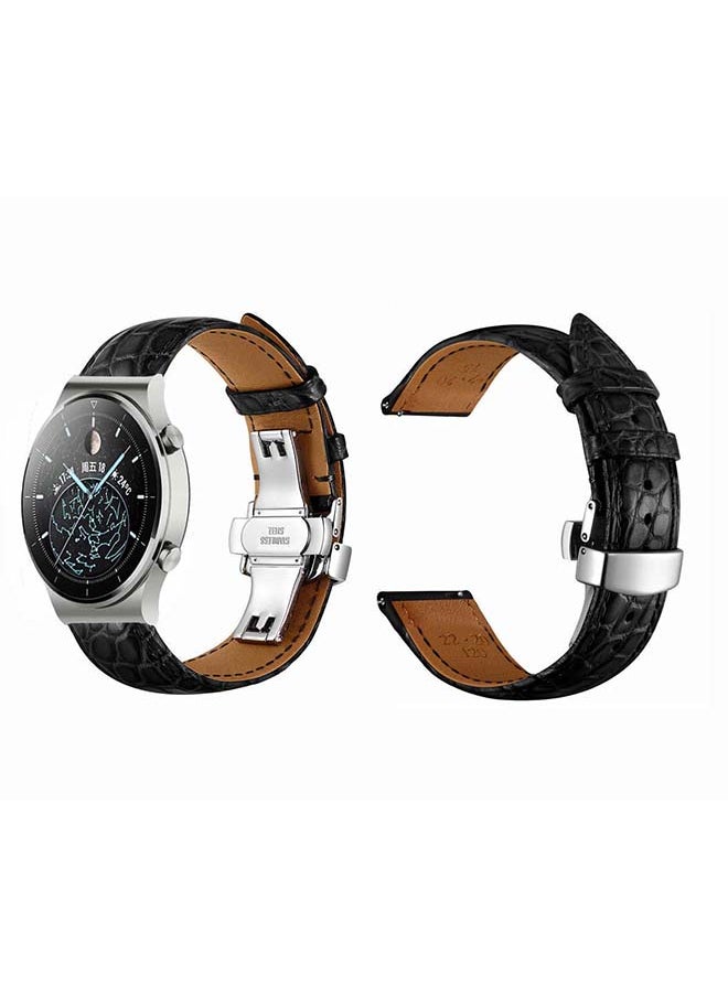 Generic Genuine Alligator Leather Replacement Band For Huawei Watch GT2 Pro Black/Silver  - Image 2