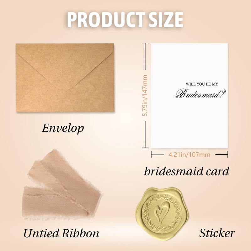 SEEBERY Bridesmaid Proposal Gift Set - Will You Be My Bridesmaid Card with Envelope, Gold Stickers & Ribbon Bow for Wedding or Bridal Shower, Champagne - Image 2