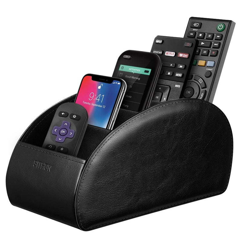 SITHON Remote Control Holder with 5 Compartments â€“ [Upgrade Version] PU Leather Remote Caddy Desktop Organizer Store TV, DVD, Blu-Ray, Media Player, Smart Phones, Heater Controllers (Black) - Image 1