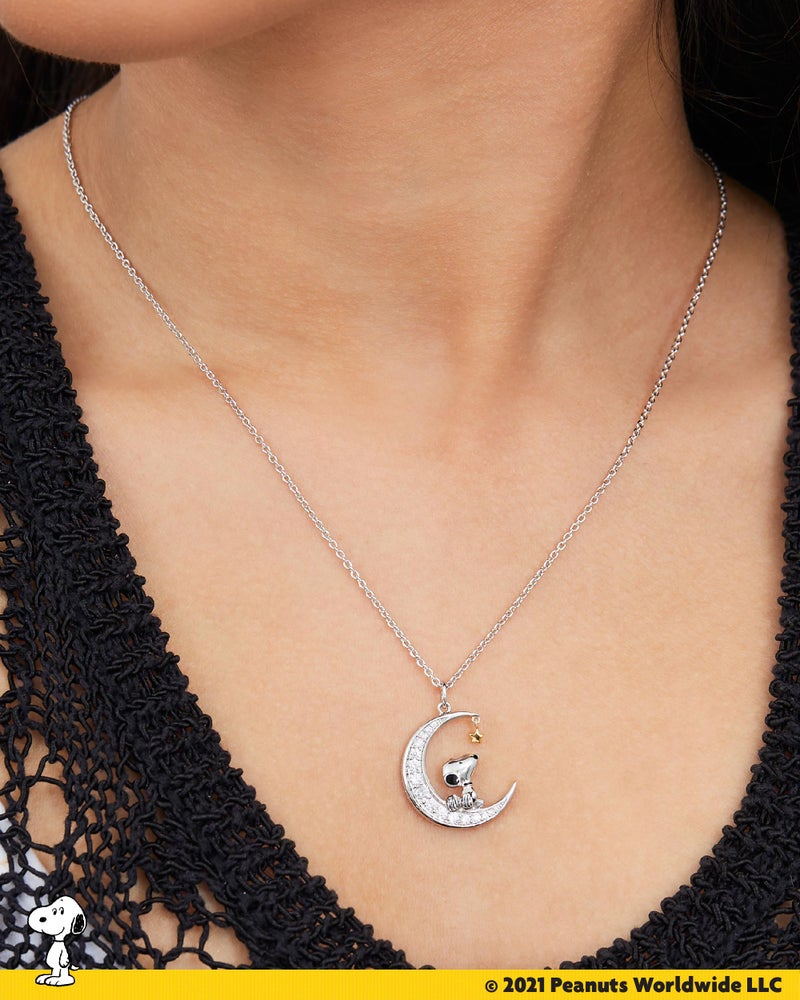 PEANUTS Womens Snoopy Moon Cubic Zirconia Necklace 18" -18k Yellow Flash Plated Snoopy Necklace - Official License - Image 3