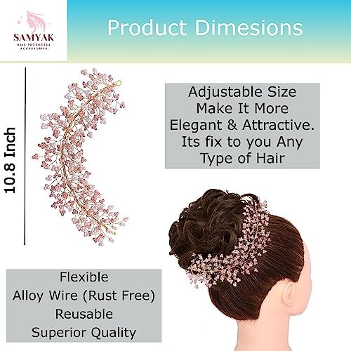 Samyak Pearl Hair Accessories Crystal Beaded Handmade Hair Pins For Brides Bridesmaid Hair Piece Tiara Vine For Hair Decoration (Pink) - Image 4