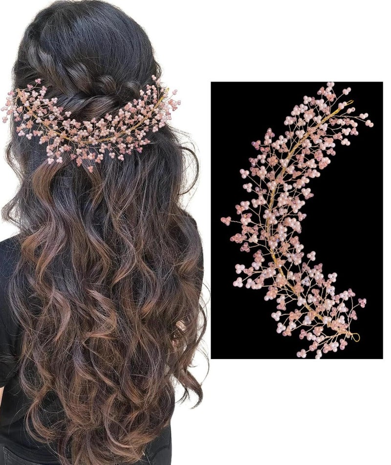 Samyak Pearl Hair Accessories Crystal Beaded Handmade Hair Pins For Brides Bridesmaid Hair Piece Tiara Vine For Hair Decoration (Pink) - Image 1