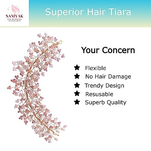 Samyak Pearl Hair Accessories Crystal Beaded Handmade Hair Pins For Brides Bridesmaid Hair Piece Tiara Vine For Hair Decoration (Pink) - Image 5