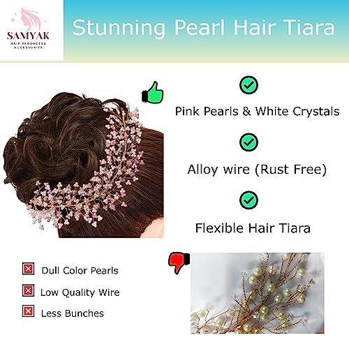 Samyak Pearl Hair Accessories Crystal Beaded Handmade Hair Pins For Brides Bridesmaid Hair Piece Tiara Vine For Hair Decoration (Pink) - Image 2