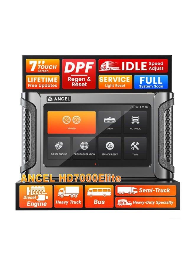 Ancel HD7000 Elite 7" Heavy Duty Truck Scanner with DPF Regen, Speed/Idle Adjustment, Service Reset, Diagnostic Tool for Cummins Detroit CAT Volvo Paccar Mack International, Lifetime Free Updates - Image 1