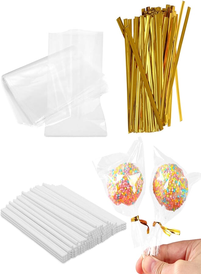 600 Pcs Lollipop Set Cake Pop Kit, Including 200 Lollipop Sticks, 200 Parcel Bags and 200 Gold Metallic Twist Ties for Candy Cake Pop Chocolate Cookie Wrapping Buffet Party Favors