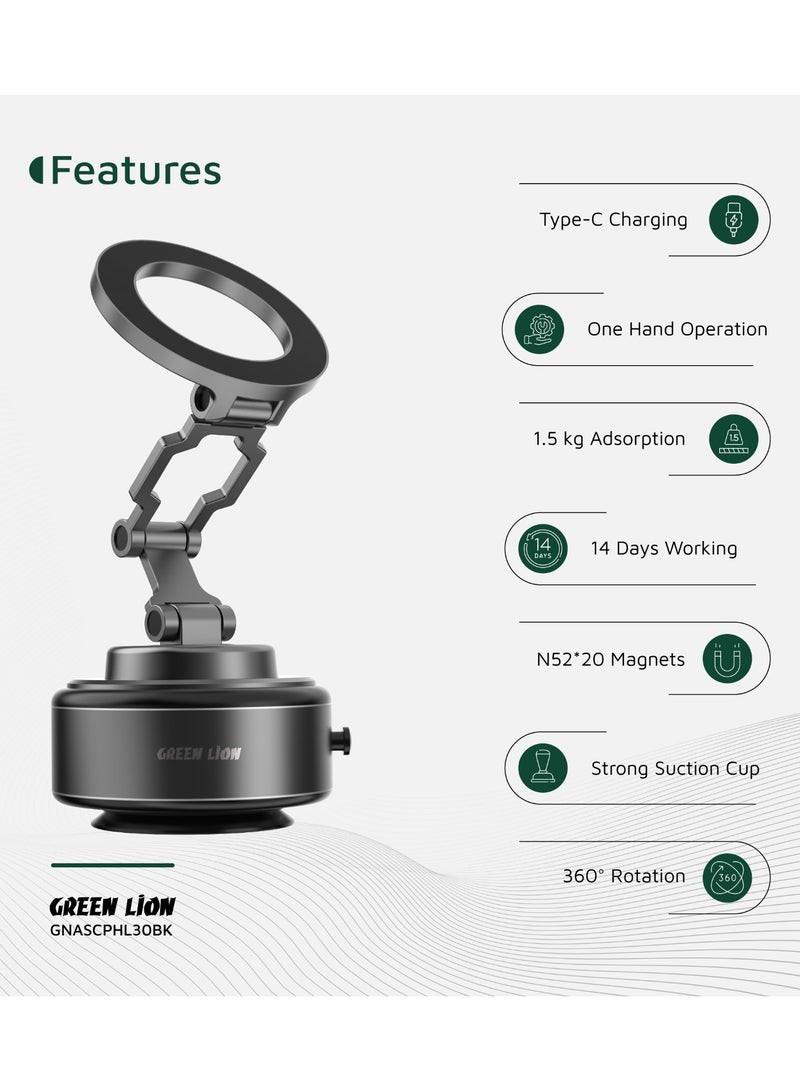 GREEN LION GX-30 Auto Suction Phone Holder / Magsafe Compatible / One-Hand Operation / 360° Rotation / Strong Suction Car Phone Holder - Matte Black  - Image 2