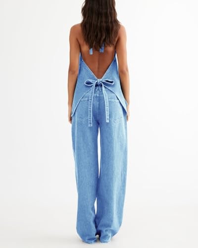 Fisoew Women's Two Piece Denim Set Button Down Backless Tank Top and Wide Leg Jeans 2 Piece Outfit Suits - Image 4