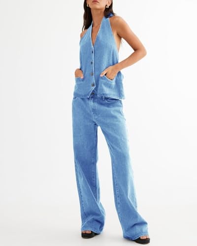 Fisoew Women's Two Piece Denim Set Button Down Backless Tank Top and Wide Leg Jeans 2 Piece Outfit Suits - Image 3