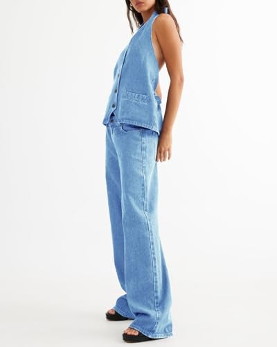 Fisoew Women's Two Piece Denim Set Button Down Backless Tank Top and Wide Leg Jeans 2 Piece Outfit Suits - Image 2