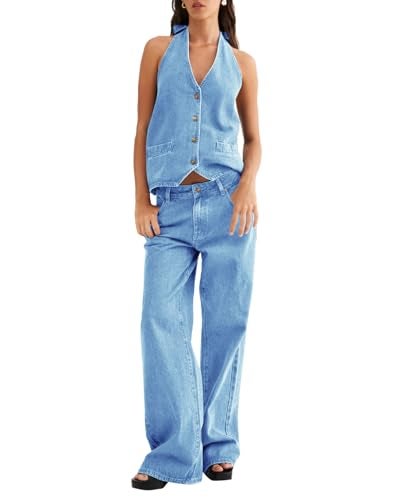 Fisoew Women's Two Piece Denim Set Button Down Backless Tank Top and Wide Leg Jeans 2 Piece Outfit Suits - Image 5