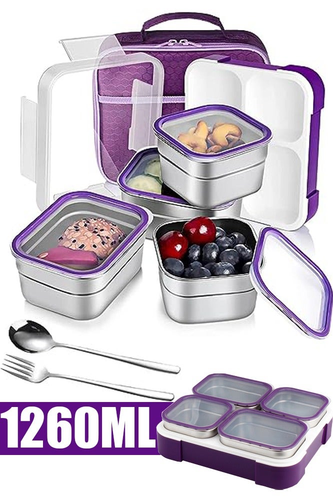 TAPIT Lunch Box for School 1060ml Stainless Steel Leak-Proof Lunch Box 5 Grids Food Container Lunch Box Bring Lunch Bag Cutlery Spoon Fork Bento Box for Kids and Adults-Food Safe Materials (Purple 1060ml ) - Image 1