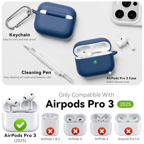 MCTOPZO for AirPods Pro 3 Case 2025 Come with Cleaner Kit,Soft Silicone Protective Cover for Apple AirPods Pro 3rd Generation Cases with Keychain, AirPod Pro 3 Case for Women Men-Midnight Blue - Image 2