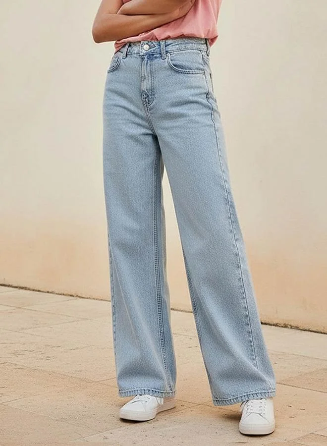 Lee Cooper Wide Leg Button Waist Jeans with Pockets Cotton