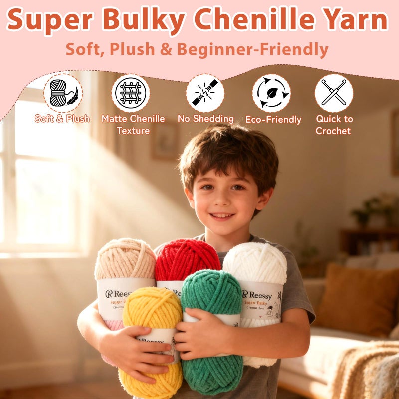 Reessy Super Bulky Chenille Yarn â€“ 6 Pack of 100g (Total 600g) - CYC #6 Super Bulky 5mm Thick â€“ Extra Soft Plush Chunky Yarn for Crocheting â€“ Matte Chenille for Baby Blankets, Toys & Hats(Pink) - Image 4