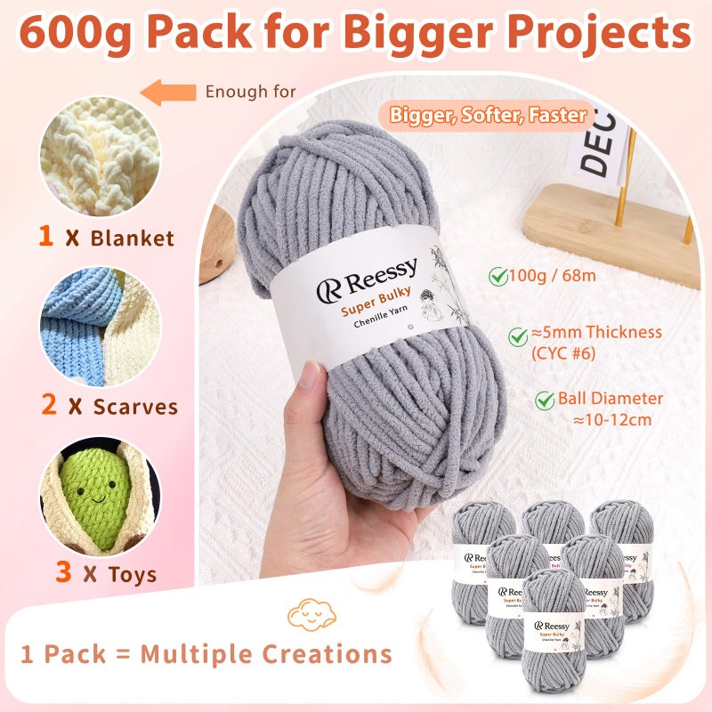 Reessy Super Bulky Chenille Yarn â€“ 6 Pack of 100g (Total 600g) - CYC #6 Super Bulky 5mm Thick â€“ Extra Soft Plush Chunky Yarn for Crocheting â€“ Matte Chenille for Baby Blankets, Toys & Hats(Pink) - Image 5