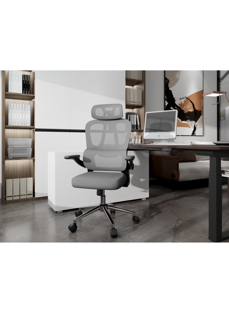 Flexispot Ergonomic Office Chair, Desk Chair with 2D Headrest, Folding Armrests & Dynamic Lumbar Support, Chair with 120° Rocker Function for Home Office, Study, Office, Grey - Image 1