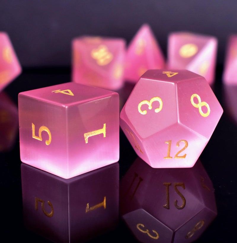 RULE DICE Natural Gemstone DND Dice Set7 Pcs Pink Cats Eye Handmade Polyhedral DD Dice with Gift Metal Box for Dungeons and Dragons MTG Role Playing Games Pink Cats Eye - Image 5