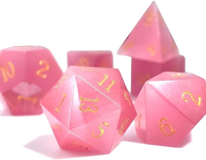 RULE DICE Natural Gemstone DND Dice Set7 Pcs Pink Cats Eye Handmade Polyhedral DD Dice with Gift Metal Box for Dungeons and Dragons MTG Role Playing Games Pink Cats Eye - Image 1