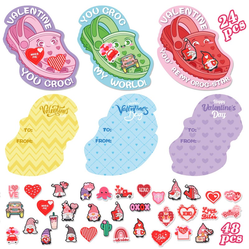 CCINEE 24 Sets Valentines Day Cards for School Classroom Kit, 24PCS Funny Valentines Gift Cards with 48PCS Shoe Charms Bulk for Boy Girl Classroom School Party Favor - Image 1
