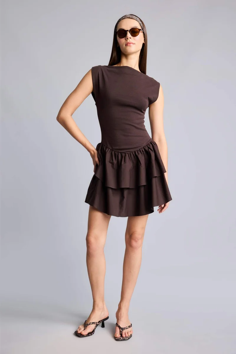 ديفاكتو Boat Neck Ribbed Brown Mini Dress