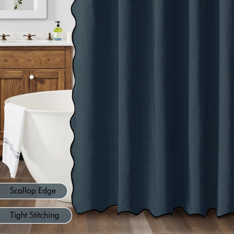 MIULEE Navy Blue Scalloped Shower Curtain Linen Textured with 12 Metal Hooks Cute Heavy Duty Washable Waterproof Thick Cloth Shower Curtains with Black Border for Bathroom Hotel Bathtub,W72*L72 - Image 5