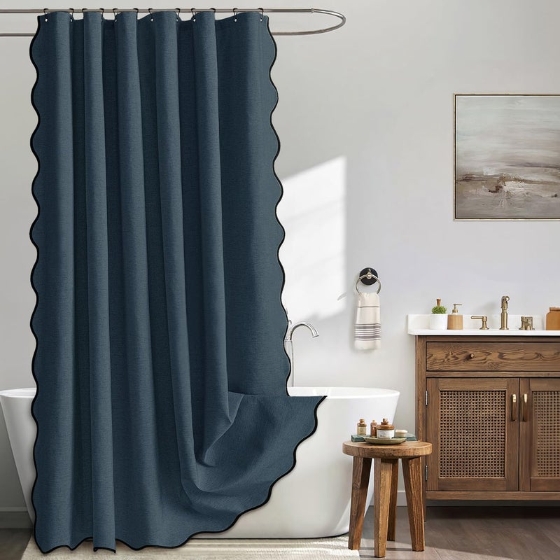 MIULEE Navy Blue Scalloped Shower Curtain Linen Textured with 12 Metal Hooks Cute Heavy Duty Washable Waterproof Thick Cloth Shower Curtains with Black Border for Bathroom Hotel Bathtub,W72*L72 - Image 1
