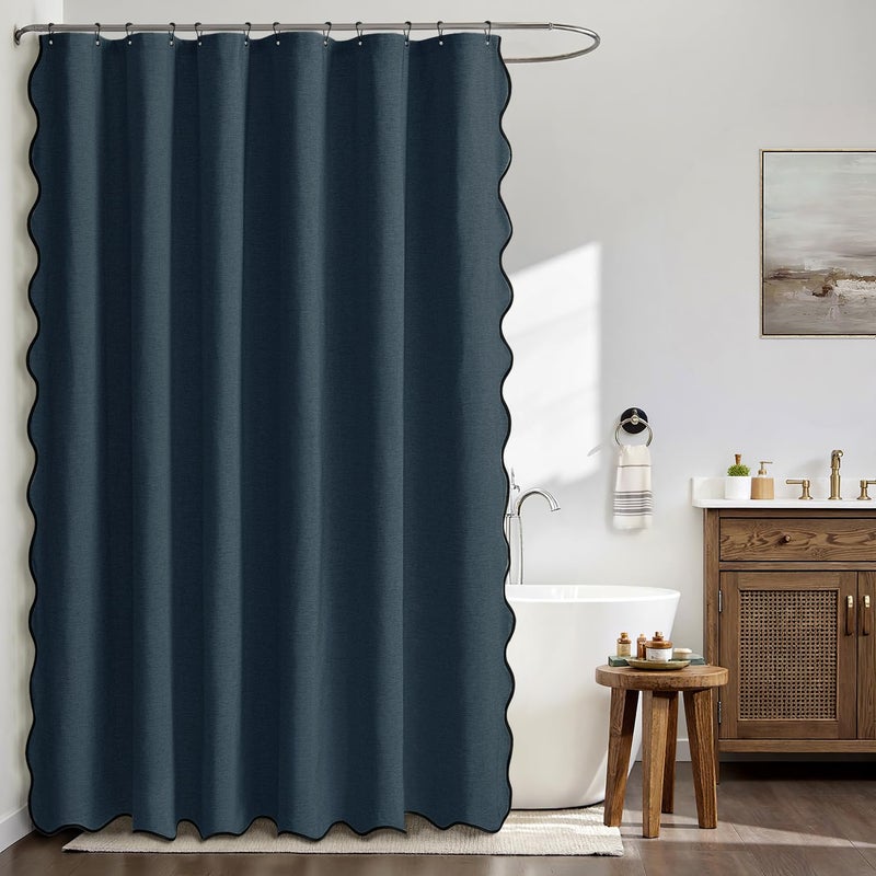 MIULEE Navy Blue Scalloped Shower Curtain Linen Textured with 12 Metal Hooks Cute Heavy Duty Washable Waterproof Thick Cloth Shower Curtains with Black Border for Bathroom Hotel Bathtub,W72*L72 - Image 2