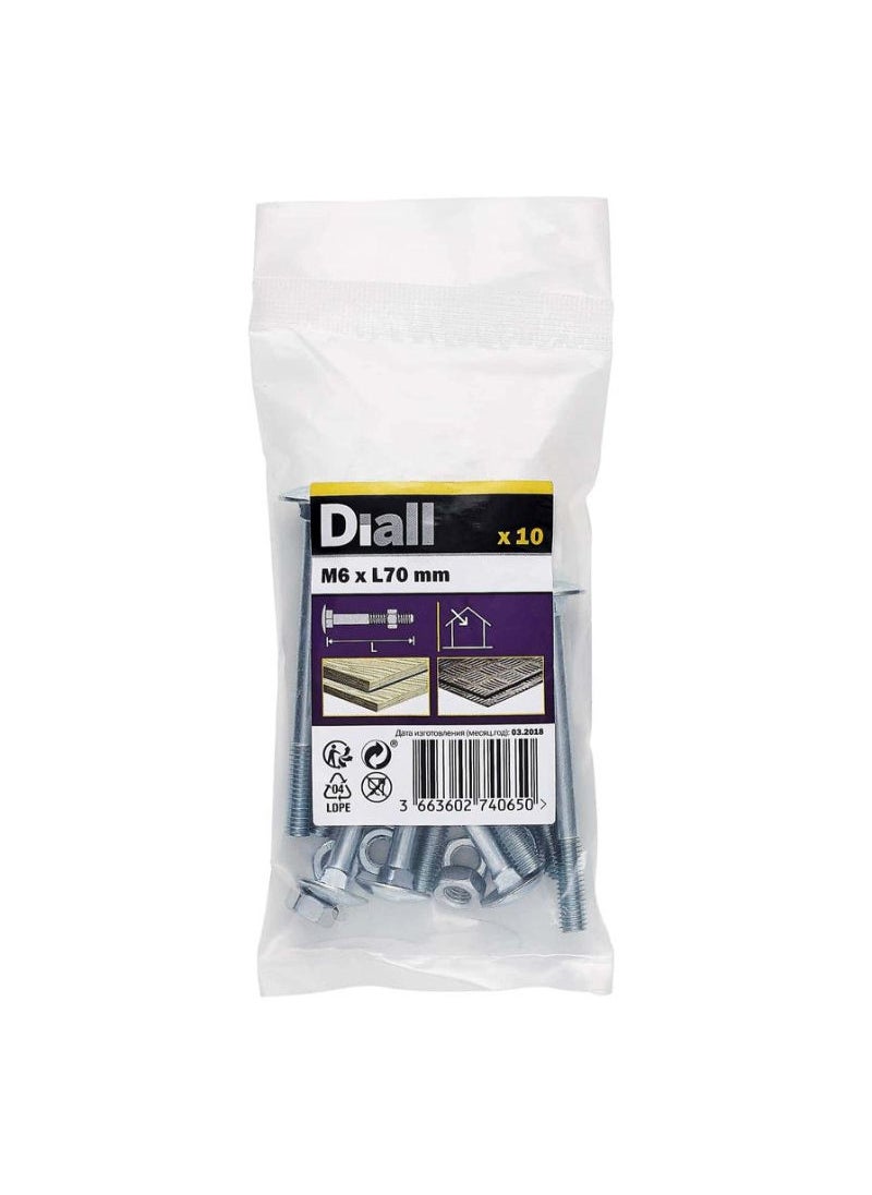 ACE Zinc Plated Carbon Steel Square Coach Nut And Bolt Pack M6 X 70 Mm 10 Piece 