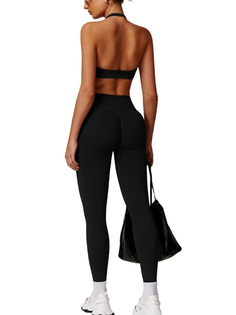 ABOCIW Workout Sets for Women 2 Piece Seamless High Waist Scrunch Butt Leggings Padded Halter Sports Bra 2 Piece Yoga Gym Outfits Black Small