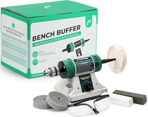 Flyrivergo Bench Buffer Polisher Jewelry Polisher Adjustable Variable Speed Bench Buffer with 2 Cotton Wheels 2 Fiber Wheels 1 Drill Chuck and 1 Set of Polishing Buffing Wheel for Silver Metal