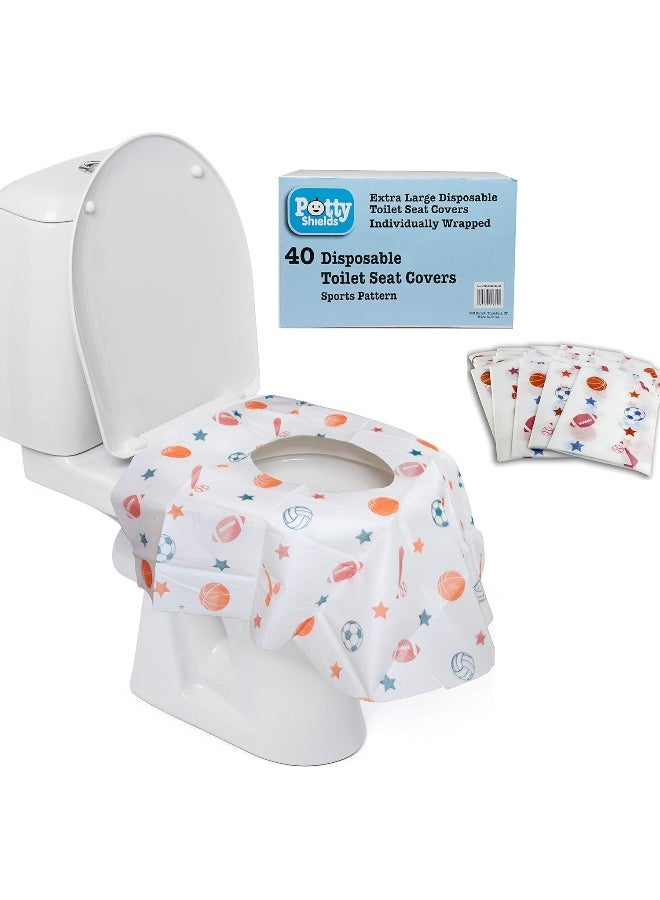Potty Shields أغطية مقاعد المرحاض القابلة للتصرف للأطفال والبالغين، 40 عبوة - حماية من جراثيم المرحاض العامة أثناء تدريب الحمام والمزيد - كبيرة جدًا، مقاومة للماء، محمولة، مغلفة بشكل فردي - أزرق/رياضي - Image 1