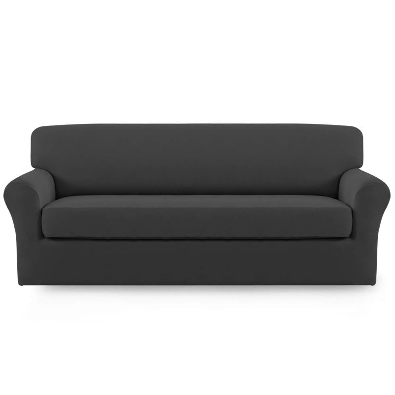 Easy-Going EasyGoing 2 Pieces Microfiber Stretch Sofa Slipcover  Spandex Soft Fitted Sofa Couch Cover Washable Furniture Protector with Elastic Bottom KidsPet Oversized Sofa Dark Gray - Image 1