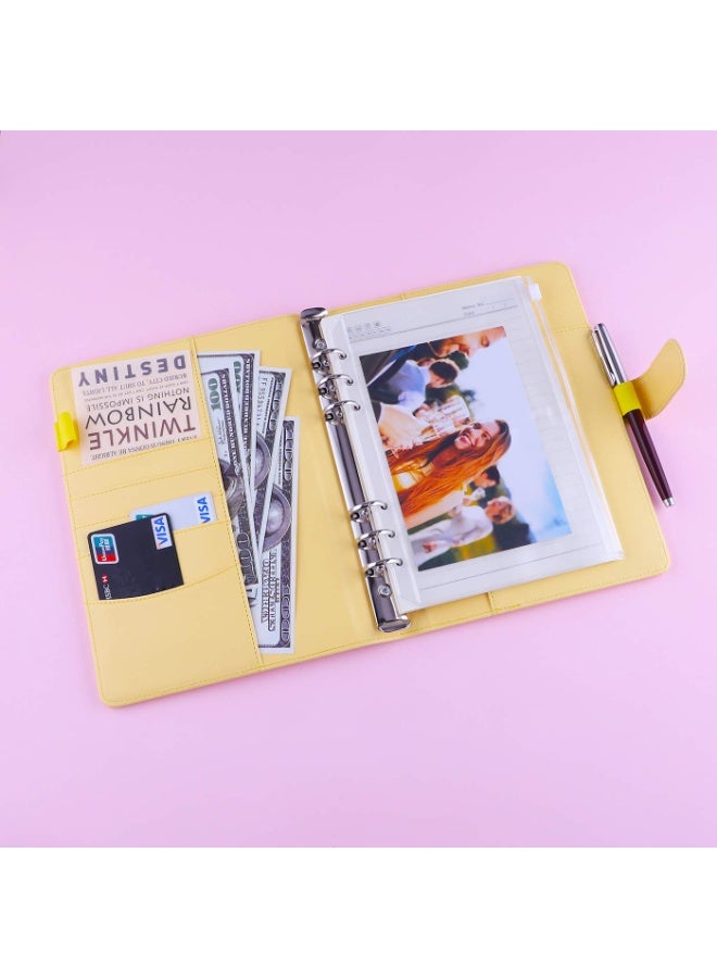 1pcs الأصفر A5 الكمبيوتر المحمول الملزم 6 حلقة إعادة ملء الميزانية المخطط غطاء للمنظم النقدي ، PU الجلد فضفاض أوراق حامل بطاقة الصور الملزم الصغير لA5 المخطط يدرج مع مشبك مغناطيسي - Image 3