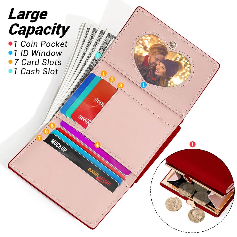 YINHEXI Wallet Women, RFID Blocking Small Compact Trifold PU Leather Card Holder Purse with Coin Pocket & ID Window for Ladies, Teens, and Girls (Cherry Red) - Image 2