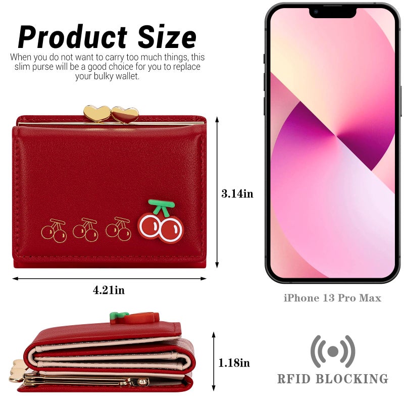 YINHEXI Wallet Women, RFID Blocking Small Compact Trifold PU Leather Card Holder Purse with Coin Pocket & ID Window for Ladies, Teens, and Girls (Cherry Red) - Image 3
