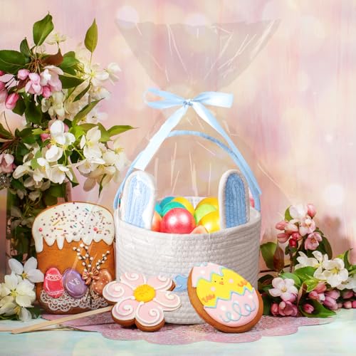 Poschnor Cute Easter Basket, Large Easter Bunny Basket, Woven Cotton Rope Baby Egg Easter Baskets for Girls, Boys, Toddler, Babies, Infant, with Gift Bags and Ribbons, Blue - Image 3