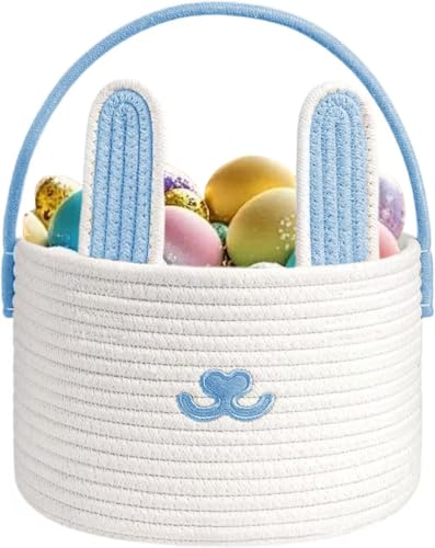Poschnor Cute Easter Basket, Large Easter Bunny Basket, Woven Cotton Rope Baby Egg Easter Baskets for Girls, Boys, Toddler, Babies, Infant, with Gift Bags and Ribbons, Blue - Image 1