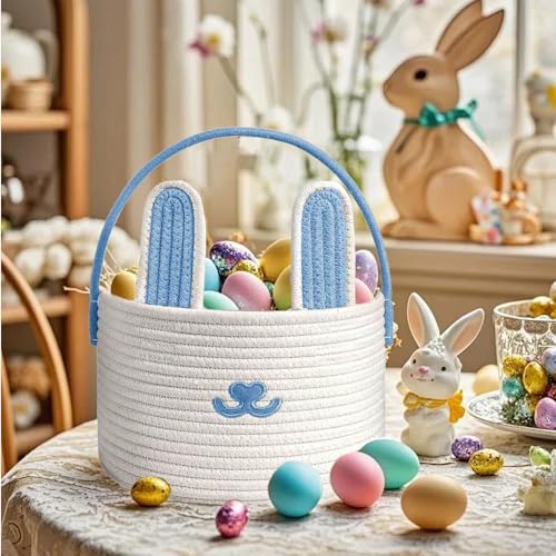 Poschnor Cute Easter Basket, Large Easter Bunny Basket, Woven Cotton Rope Baby Egg Easter Baskets for Girls, Boys, Toddler, Babies, Infant, with Gift Bags and Ribbons, Blue - Image 2