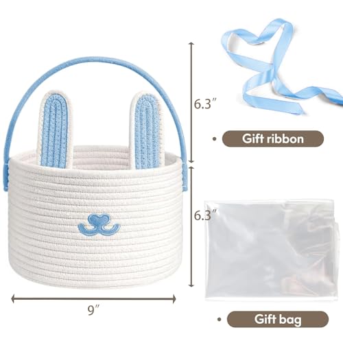 Poschnor Cute Easter Basket, Large Easter Bunny Basket, Woven Cotton Rope Baby Egg Easter Baskets for Girls, Boys, Toddler, Babies, Infant, with Gift Bags and Ribbons, Blue - Image 5