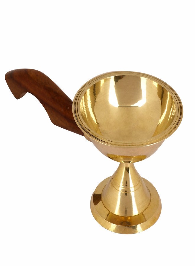 Craftsman Brass Aarti Diya with Wooden Handle Decoration Tea Light Holder Brass Jyot Dia Oil Lamp Handheld Puja Lamp Kutthu Vilakku for Home and Temple Indian Housewarming Return Gift Item Bulk - Image 5