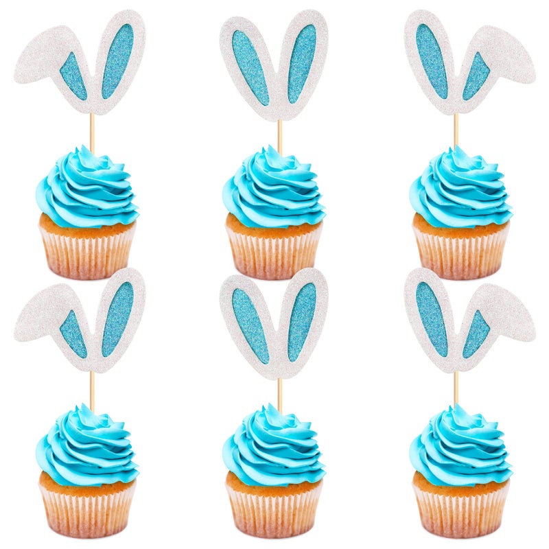 Ercadio 24 Pack Easter Bunny Ear Cupcake Toppers  Blue Glitter Rabbit Ears Cupcake Picks  Easter Day Cake Toppers for Easter Theme Spring Birthday Baby Shower Party Supplies - Image 1
