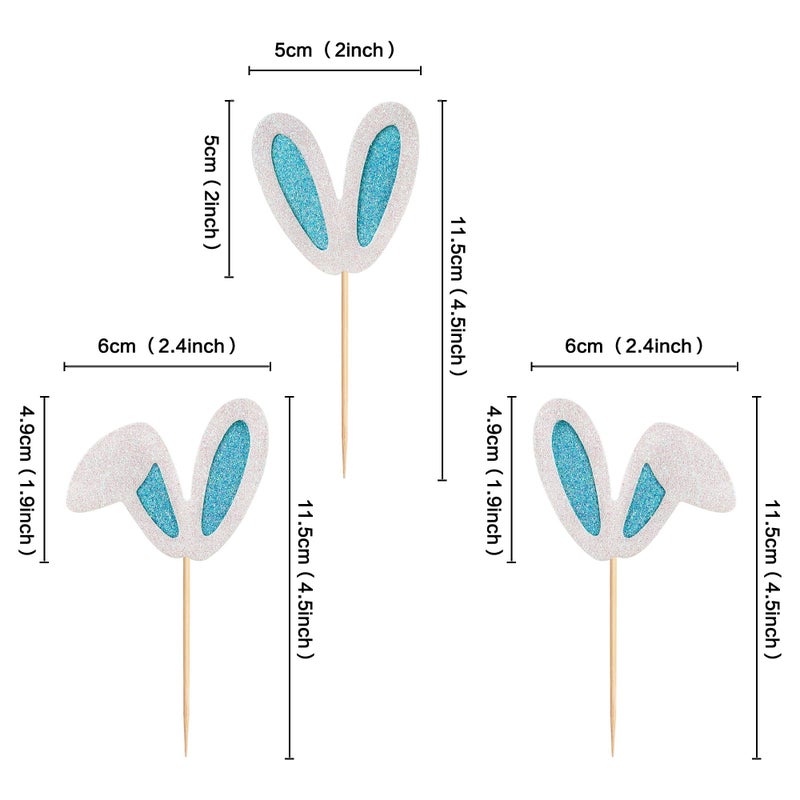 Ercadio 24 Pack Easter Bunny Ear Cupcake Toppers  Blue Glitter Rabbit Ears Cupcake Picks  Easter Day Cake Toppers for Easter Theme Spring Birthday Baby Shower Party Supplies - Image 2