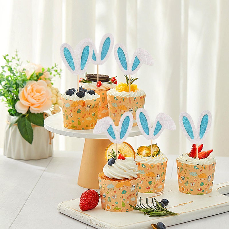 Ercadio 24 Pack Easter Bunny Ear Cupcake Toppers  Blue Glitter Rabbit Ears Cupcake Picks  Easter Day Cake Toppers for Easter Theme Spring Birthday Baby Shower Party Supplies - Image 5