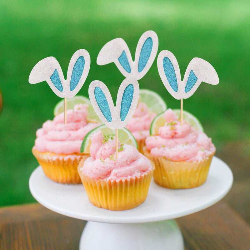 Ercadio 24 Pack Easter Bunny Ear Cupcake Toppers  Blue Glitter Rabbit Ears Cupcake Picks  Easter Day Cake Toppers for Easter Theme Spring Birthday Baby Shower Party Supplies - Image 3